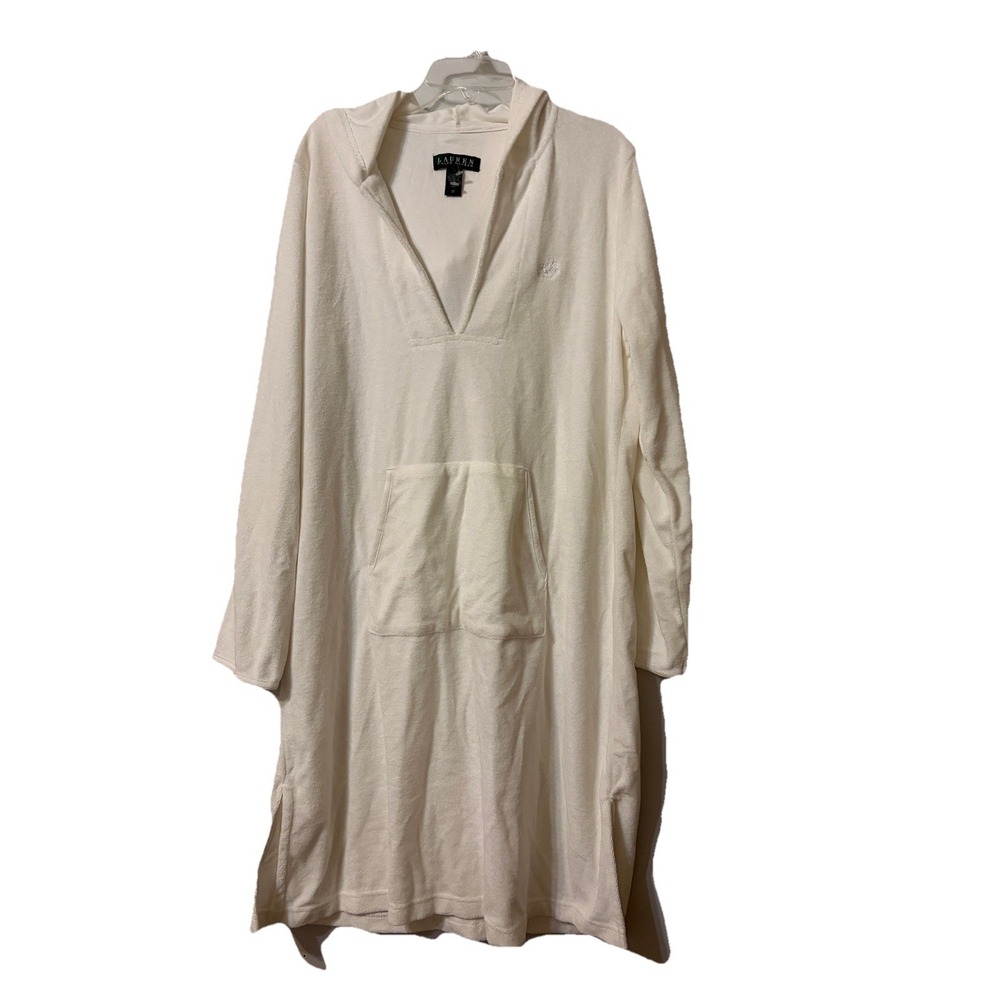 Ralph Lauren Swim Cover Up Medium White Embroidered Hooded Terrycloth Pocket